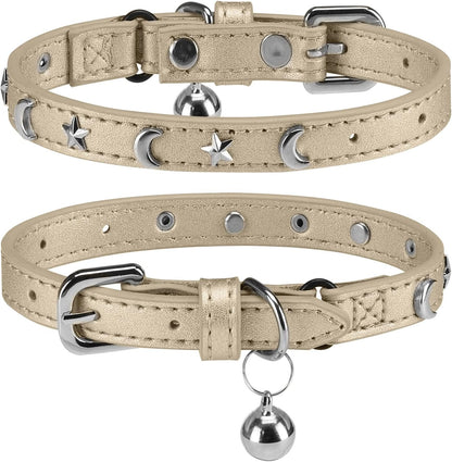 Leather Cat Collars for Boy Girl Cats with Bell and Safety Elastic Belt, Personalized Star and Moon Stud Adjustable Safe Buckle Collar for Kitty Small Big Cats Size 7-9 Inch, Black