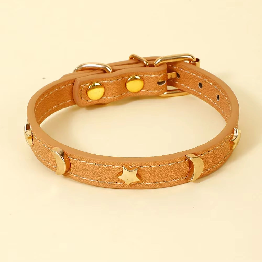 Cute Cat Collar Soft Leather Pet Collars for Small Dog Kitten Puppy Necklace Cat Accessories Star Moon Rivets Decoration XS-M