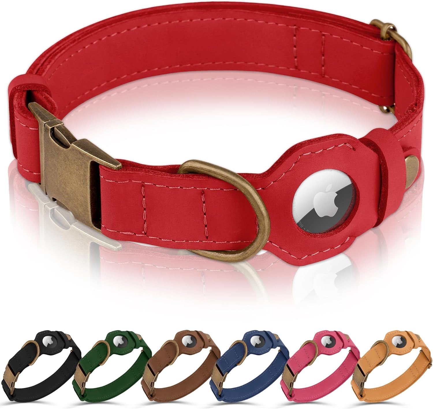 Airtag Dog Collar - Genuine Leather Dog Collar with Apple Airtag Holder and Metal Buckle - Smart GPS Tracking Pet Collars (Pink, S, 12"-15" Neck Fit)
