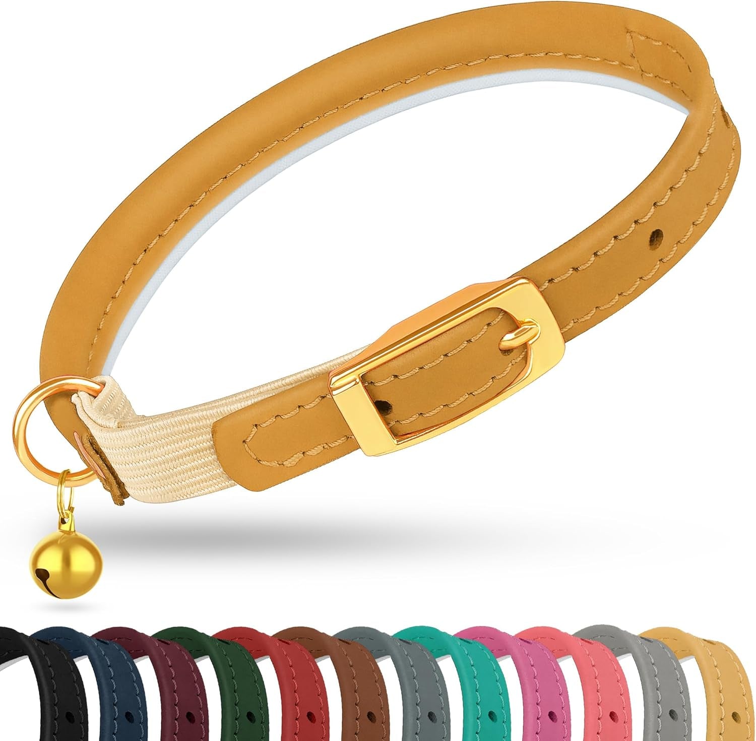 Rolled Leather Cat Collar with Bell - Reflective Kitten Collar with Safety Elastic Strap - Adjustable Small Pet Collars for Boy Girl Cats (Fuchsia)