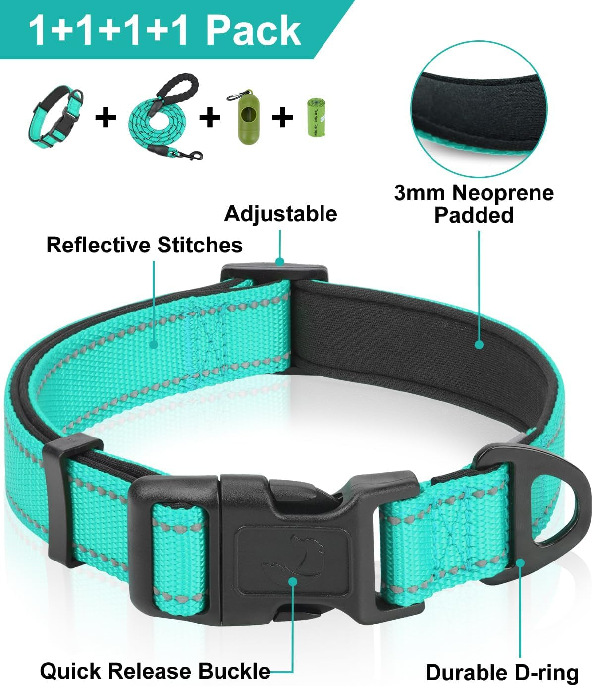 Reflective Dog Collar and Leash Set, 6FT Strong Climbing Rope Leash with Padded Handle, Adjustable Pet Collar with Soft Neoprene Padding for Large Dogs, Teal, L
