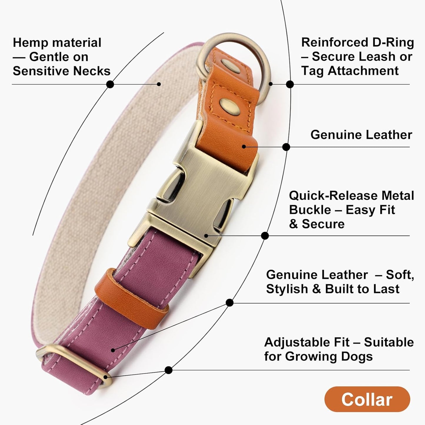 Genuine Leather & Hemp Dog Collar – Adjustable Heavy Duty Pet Collar with Quick Release Metal Buckle, Soft & Stylish for Puppy and Small, Medium, Large Dogs (Purple, L)