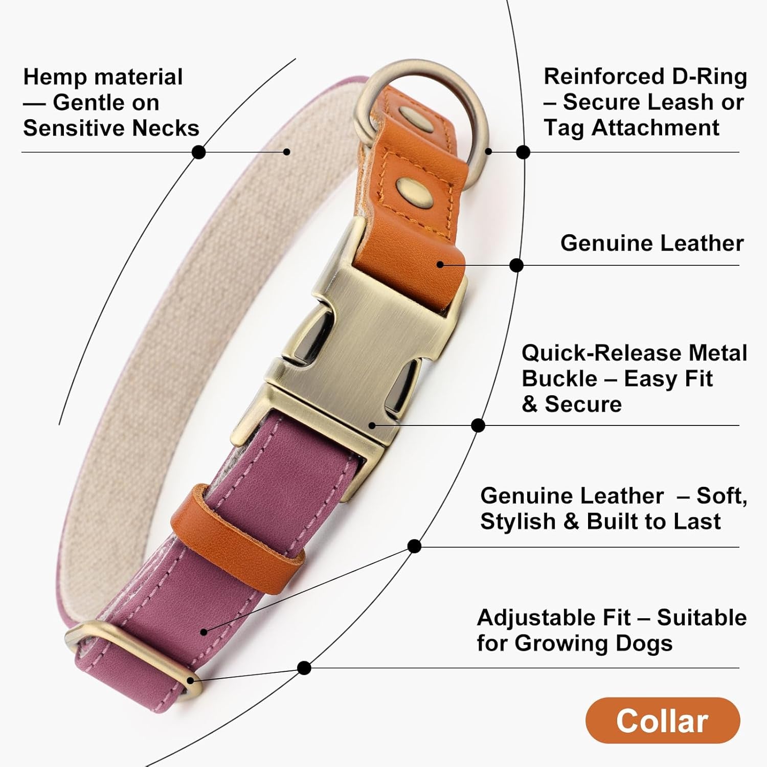 Genuine Leather & Hemp Dog Collar – Adjustable Heavy Duty Pet Collar with Quick Release Metal Buckle, Soft & Stylish for Puppy and Small, Medium, Large Dogs (Purple, L)