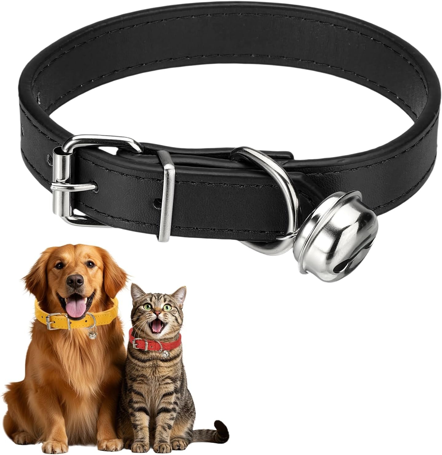 Dog Collar with Bell, Pu Leather Cat Collars Pet Basic Soft Padded Adjustable Buckle, 14.5" (Blue, 1 Pcs), Intended for Teacup/Little Dog/Kitten Cats/Small Animals