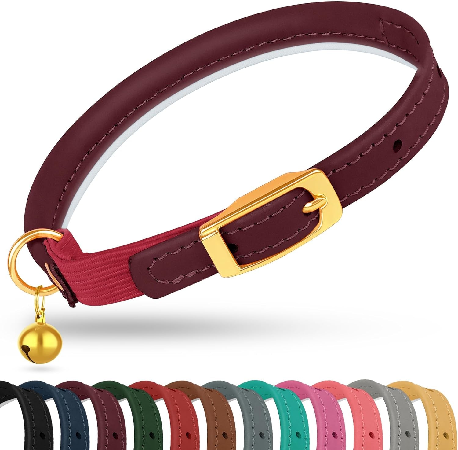 Rolled Leather Cat Collar with Bell - Reflective Kitten Collar with Safety Elastic Strap - Adjustable Small Pet Collars for Boy Girl Cats (Fuchsia)