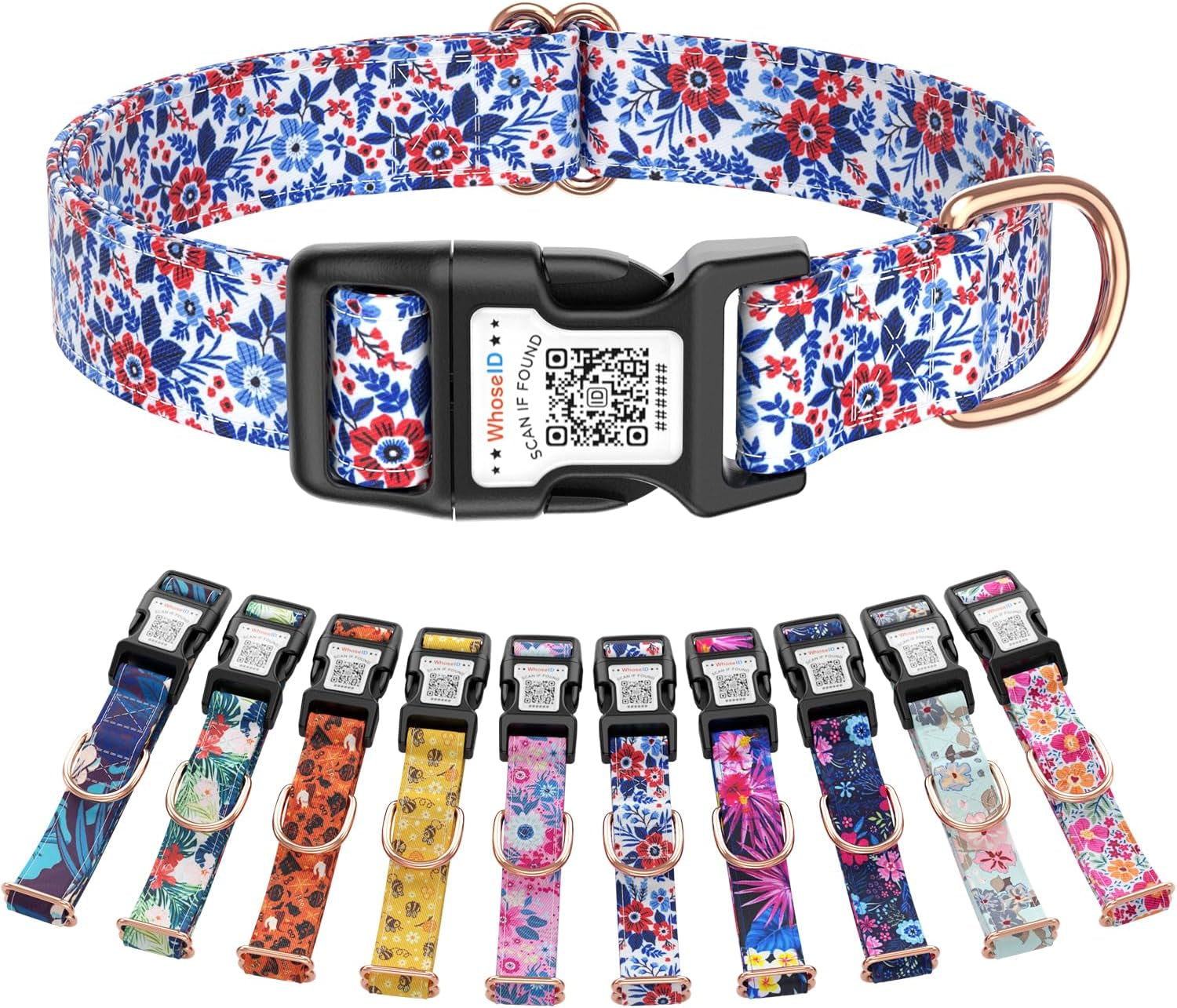 Cute Adjustable Dog Collar with QR Code Buckle - Metal Clip & Cotton Webbing Comfort Fit for Mediun Pets