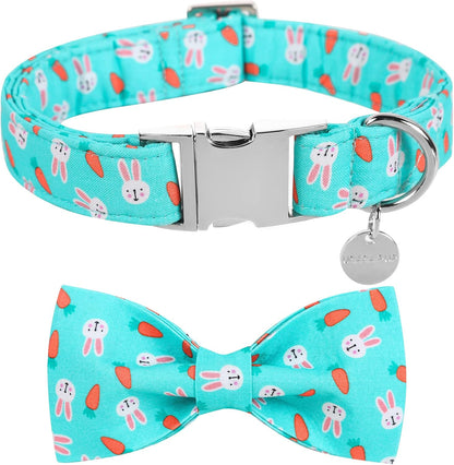 Patriotic Dog Collar with Bow Tie - 4th of July Comfortable Cotton American Flag Design for Large Dogs, Stylish Metal Buckle