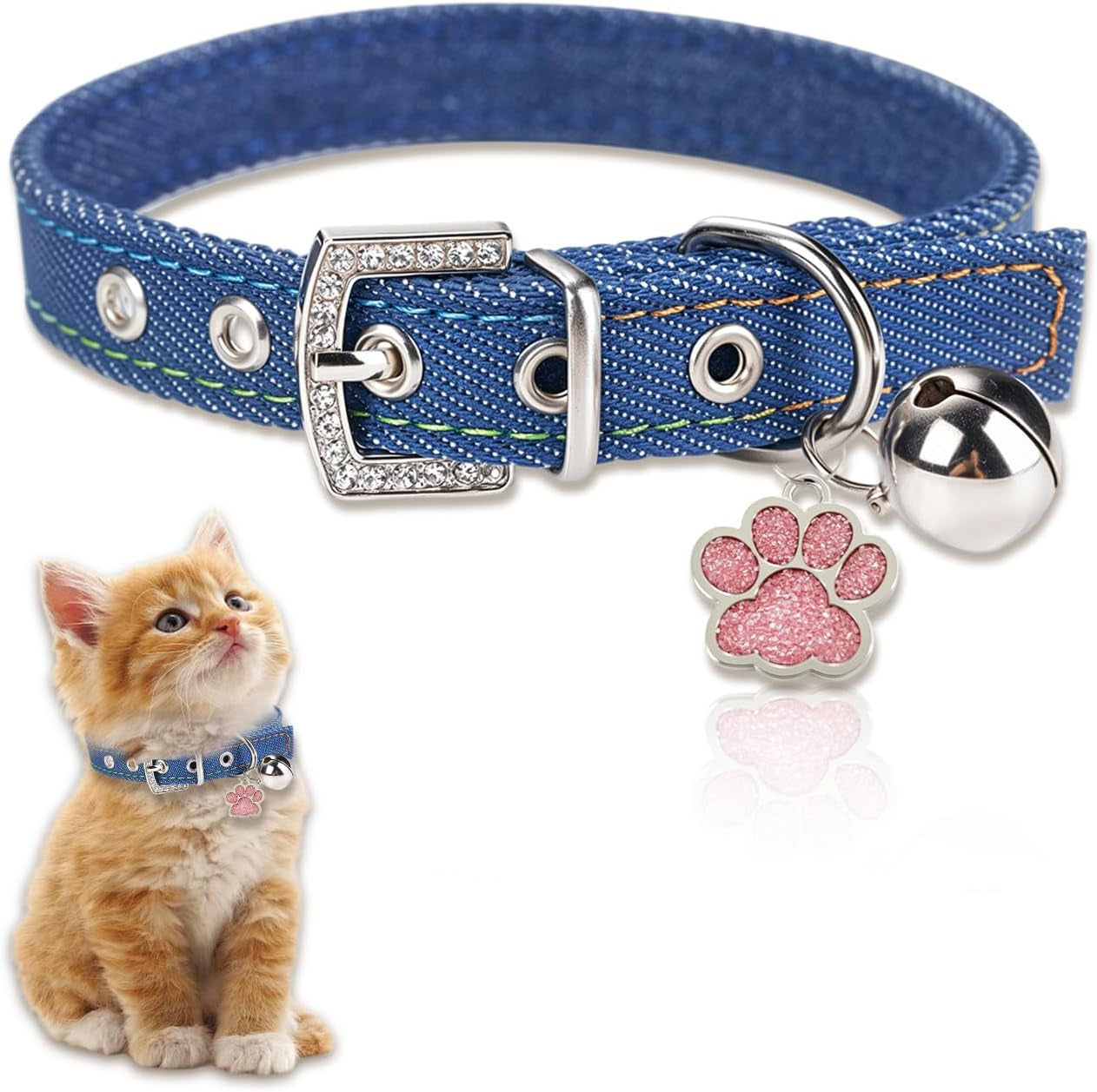 Black Premium Denim Pet Collar - Adjustable for Small Dogs & Cats, Rhinestone-Encrusted Buckle, Silver Glittery Paw Pendant & Bell, Size M Durable Fashion Denim Collar