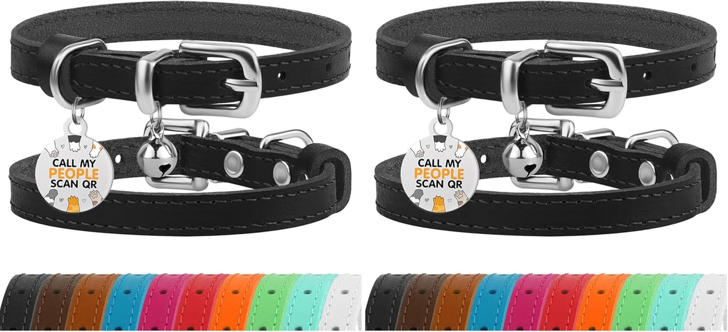 Leather Cat Collar with Removable Bells Non Breakaway Kitten QR Tag for Girl Boy (7" - 9" for Cats, Purple & Gold)