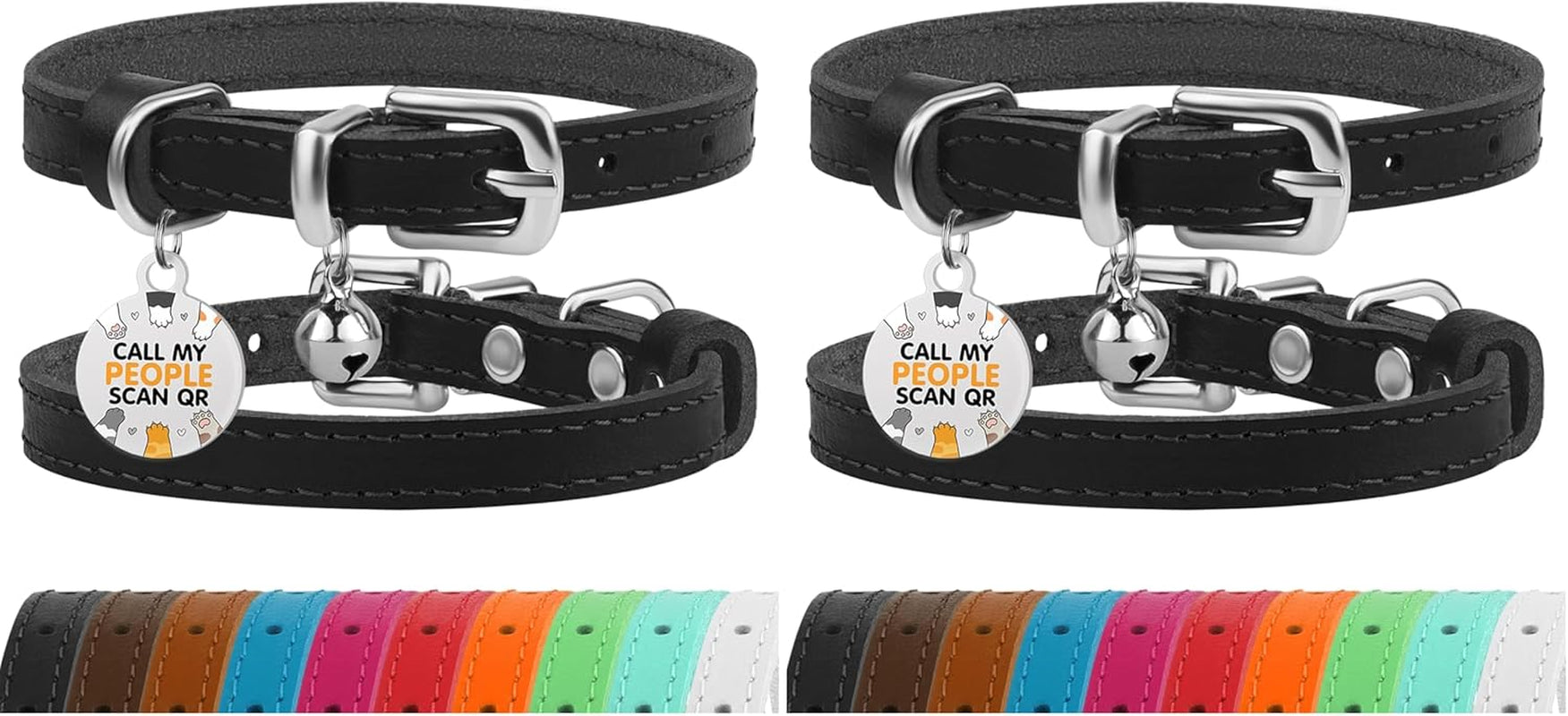 Leather Cat Collar with Removable Bells Non Breakaway Kitten QR Tag for Girl Boy (7" - 9" for Cats, Purple & Gold)