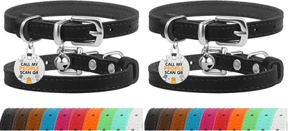 Leather Cat Collar with Removable Bells Non Breakaway Kitten QR Tag for Girl Boy (7" - 9" for Cats, Purple & Gold)