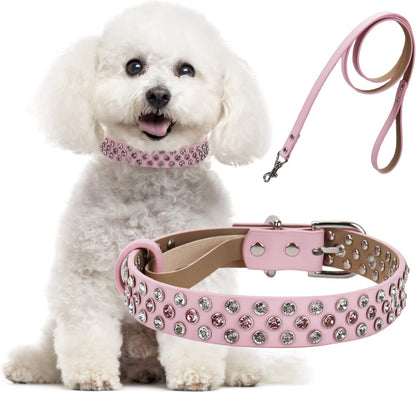 Rhinestone Dog Collar, Bling Diamond Pet Collars with Leash Adjustable, Dazzling Sparkly Crystal Studded Microfiber Leather Spiked Puppy Collar Cute for Small and Medium Large Girl Dogs Cats