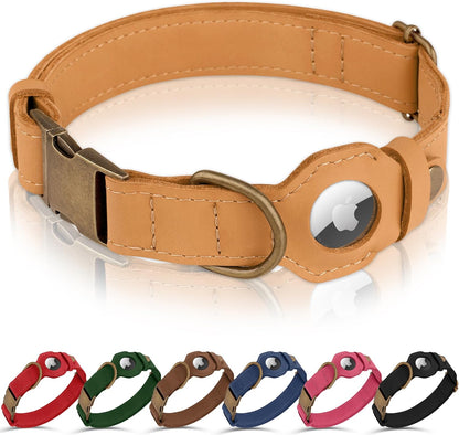 Airtag Dog Collar - Genuine Leather Dog Collar with Apple Airtag Holder and Metal Buckle - Smart GPS Tracking Pet Collars (Pink, S, 12"-15" Neck Fit)