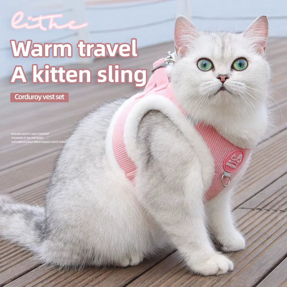 Cat Winter Small Dog Harness Leash Rabbit Plush Reflective Pet Harness Vest-Style Puppy Outdoor Dog Lead Walking Cat Windproof