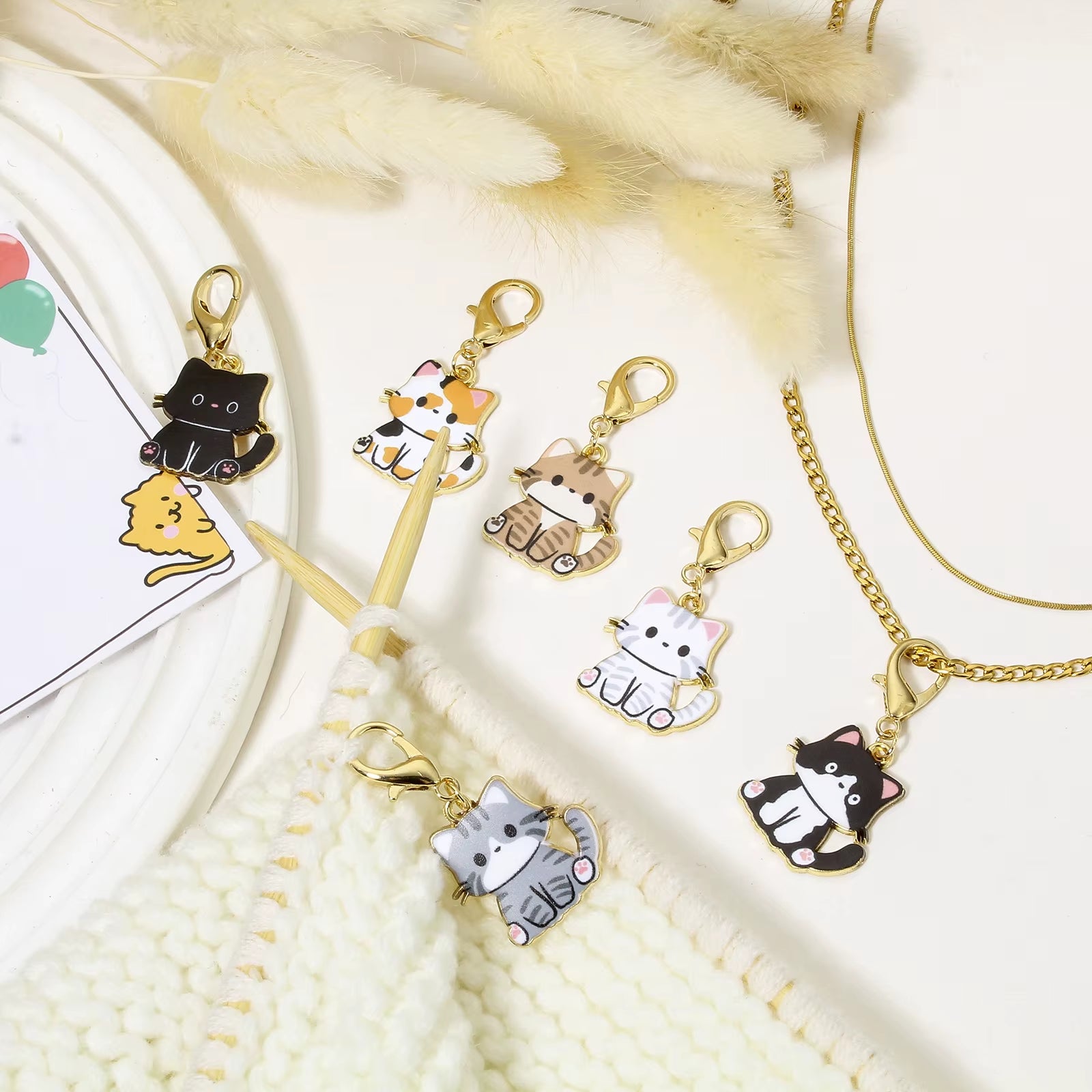 1 Set ( 6 Pcs/Set) Zinc Based Alloy & Iron Based Alloy Knitting Stitch Markers Cat Animal Gold Color Enamel for DIY Craft Marker