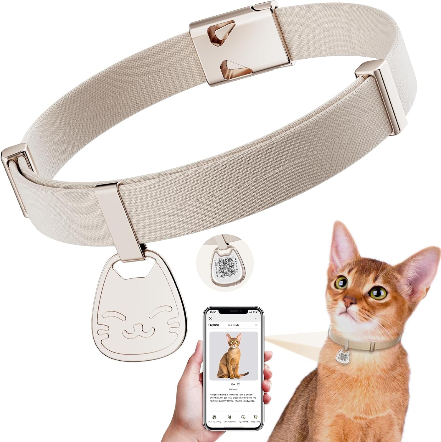 Cat Collar with QR Code Name Tag, Breakaway Kitten Collar for Boy & Girl Cats, Ultra Soft Elastic Adjustable Band, Safety Break Away Buckle, Comfortable & Secure Pet ID Collar (6"-12"), Iridescent