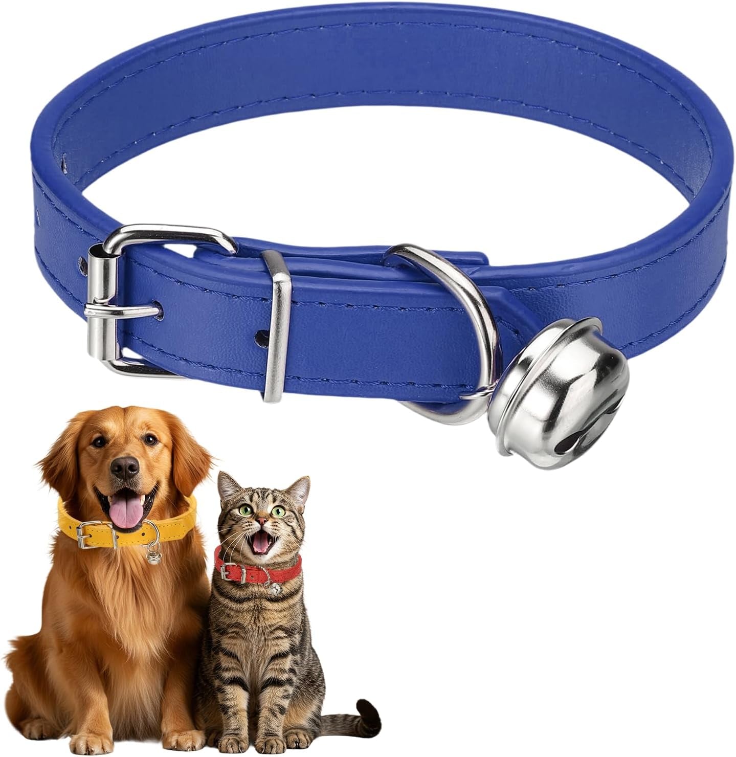 Dog Collar with Bell, Pu Leather Cat Collars Pet Basic Soft Padded Adjustable Buckle, 14.5" (Blue, 1 Pcs), Intended for Teacup/Little Dog/Kitten Cats/Small Animals