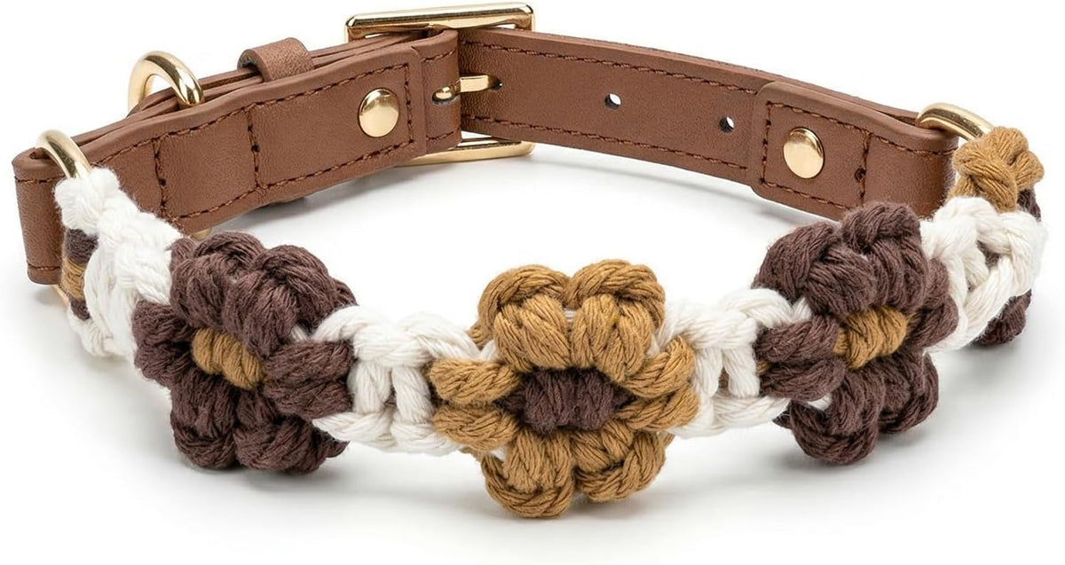 Chic Hand-Knitted Flower Dog Collar - Durable Leather with Adjustable Metal Buckle for All Sizes (Brown, L 15-19In)