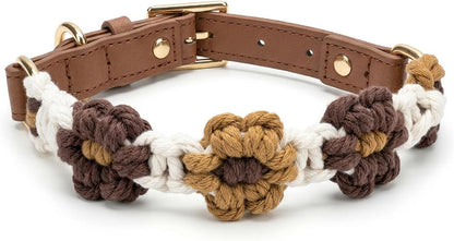 Chic Hand-Knitted Flower Dog Collar - Durable Leather with Adjustable Metal Buckle for All Sizes (Brown, L 15-19In)