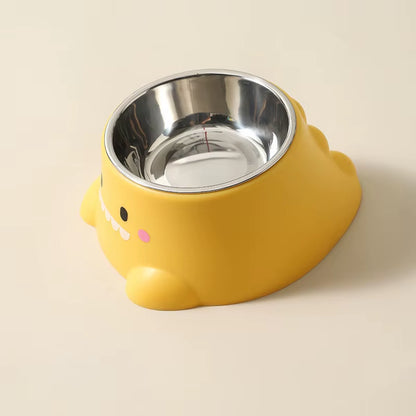 Cartoon Dinosaur 15° Tilted Pet Bowl: Elevated Stainless Steel Dish with Neck Support - Fun & Cute Feeder for Cats & Puppy