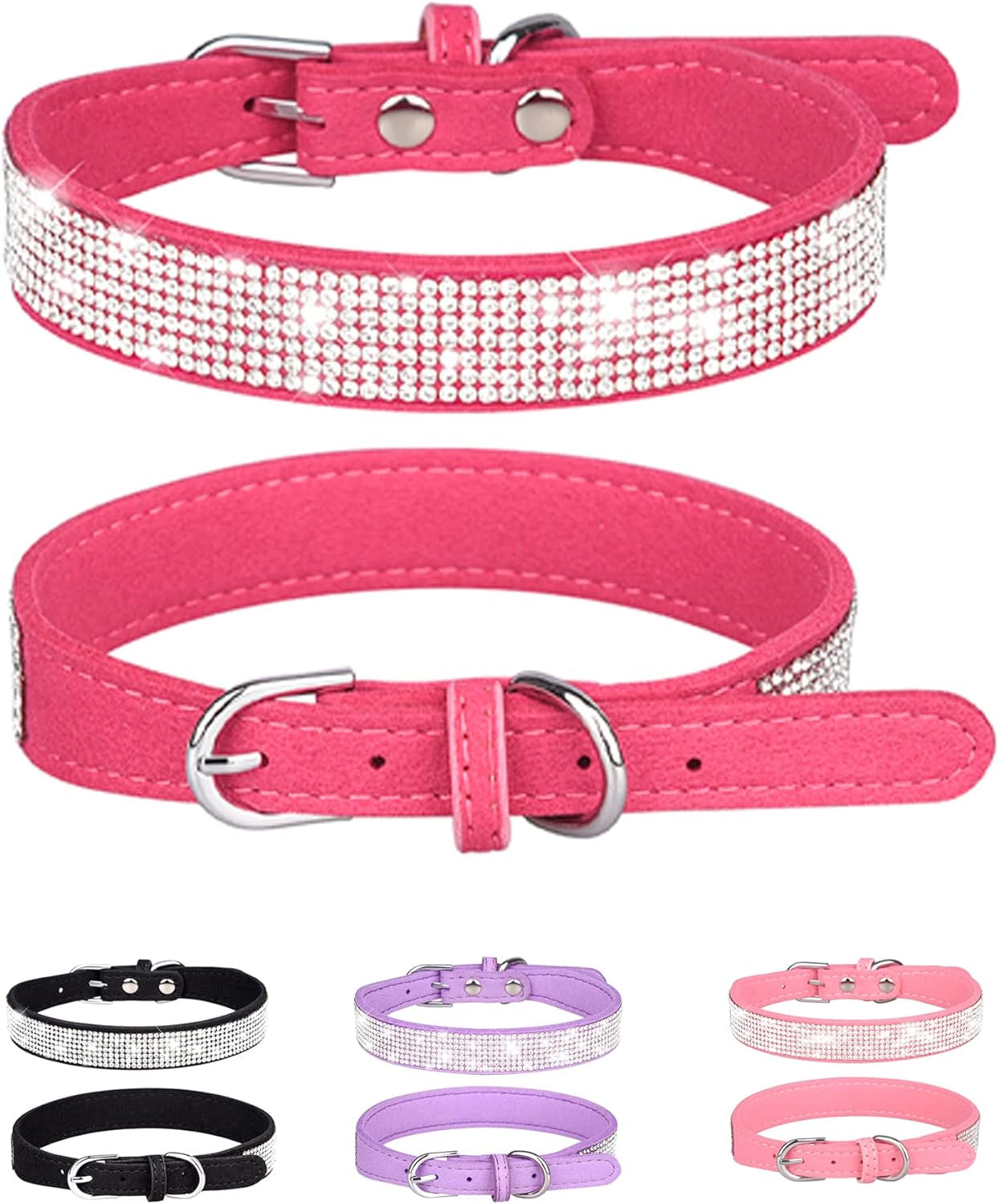 Dog Collar for Small Dogs, Adjustable Leather Suede Bling Dog Collars，Pink Dog Collar Cat Collar, Rhinestone Dog Collar(S, Pink)