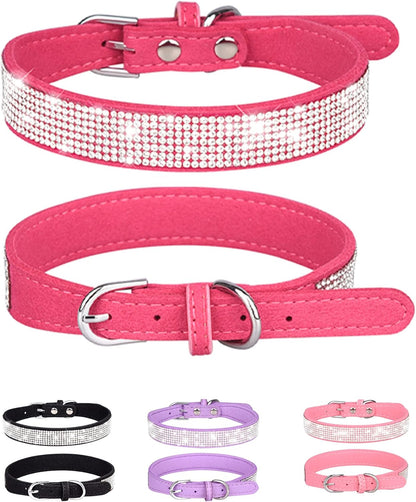 Dog Collar for Small Dogs, Adjustable Leather Suede Bling Dog Collars，Pink Dog Collar Cat Collar, Rhinestone Dog Collar(S, Pink)