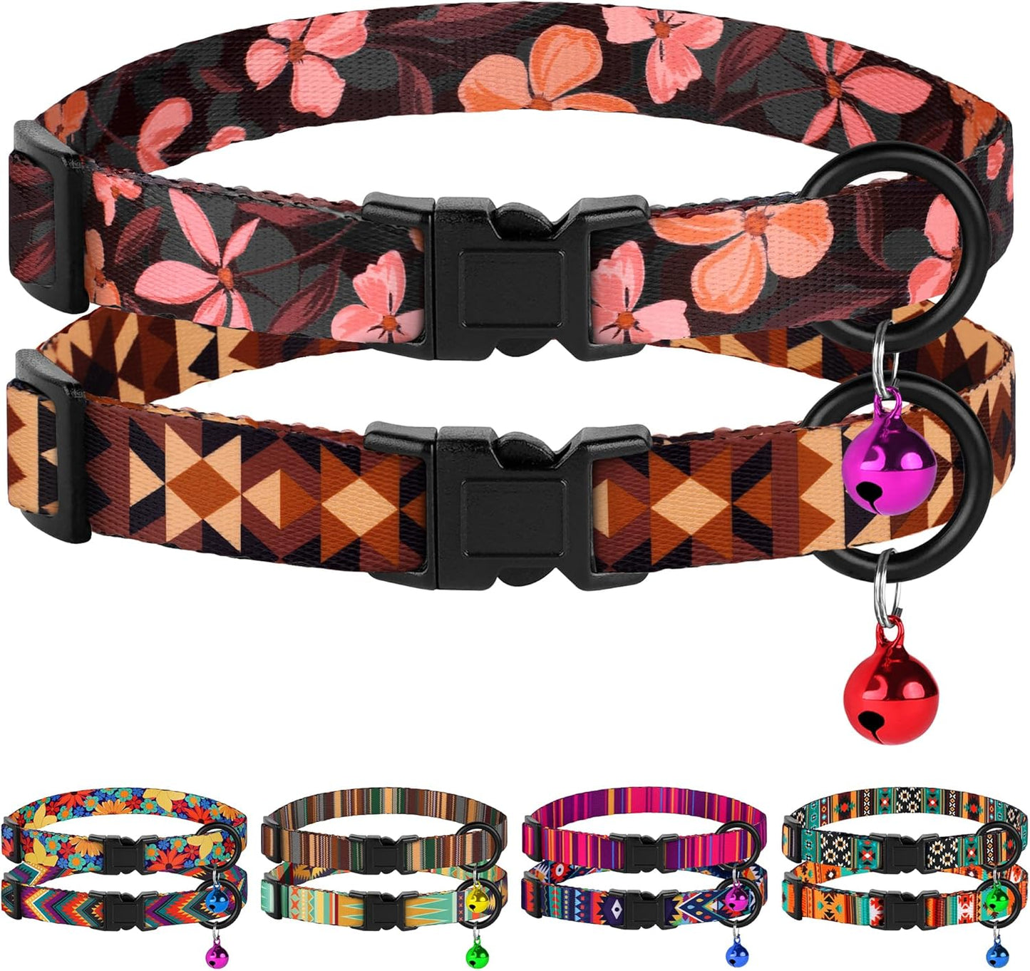 Cat Collars 2 Pack - Soft Cute Breakaway Collar with Bell, Adjustable Safety Kitten Collars for Girl & Boy Cats – Comfortable Stylish Patterned Print Lightweight (Tribal + Southwest)