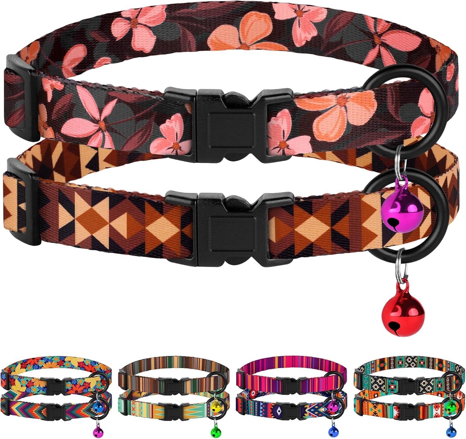 Cat Collars 2 Pack - Soft Cute Breakaway Collar with Bell, Adjustable Safety Kitten Collars for Girl & Boy Cats – Comfortable Stylish Patterned Print Lightweight (Tribal + Southwest)