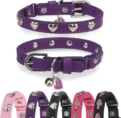 Leather Cat Collars for Boy Girl Cats with Bell and Safety Elastic Belt, Personalized Love and Fish Stud Adjustable Safe Buckle Collar for Kitty Small Big Cats Size 8-11 Inch, Black