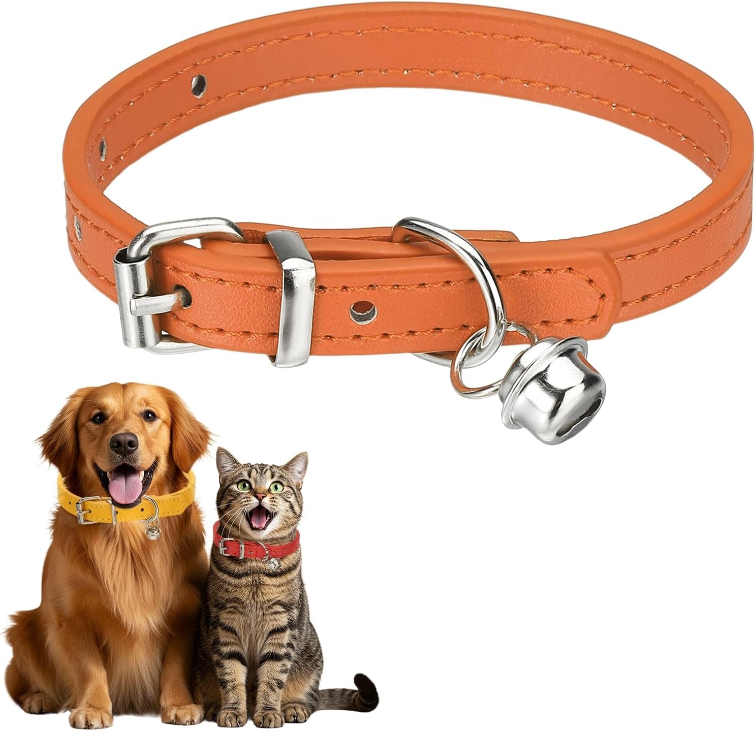 Dog Collar with Bell, Pu Leather Cat Collars Pet Basic Soft Padded Adjustable Buckle, 14.5" (Blue, 1 Pcs), Intended for Teacup/Little Dog/Kitten Cats/Small Animals