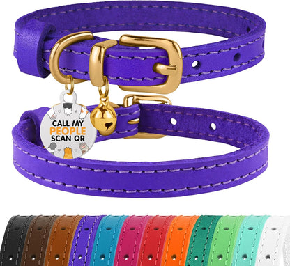 Leather Cat Collar with Removable Bells Non Breakaway Kitten QR Tag for Girl Boy (7" - 9" for Cats, Purple & Gold)