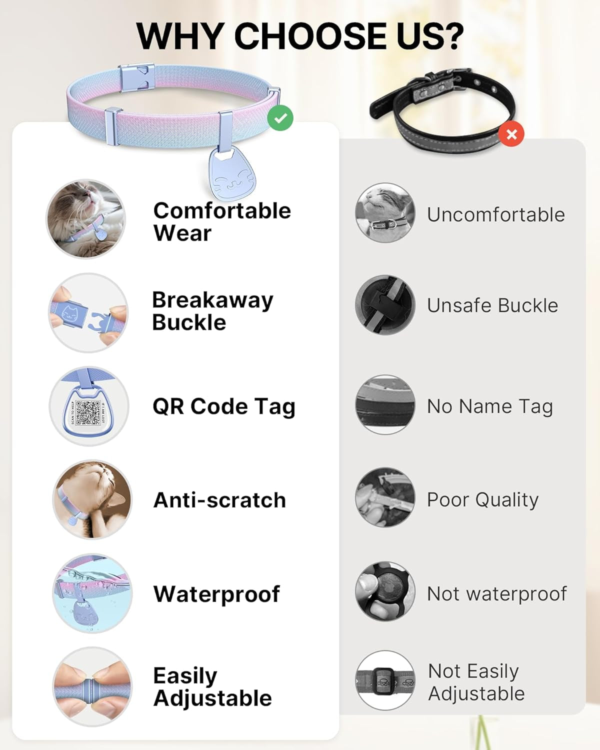 Cat Collar with QR Code Name Tag, Breakaway Kitten Collar for Boy & Girl Cats, Ultra Soft Elastic Adjustable Band, Safety Break Away Buckle, Comfortable & Secure Pet ID Collar (6"-12"), Iridescent