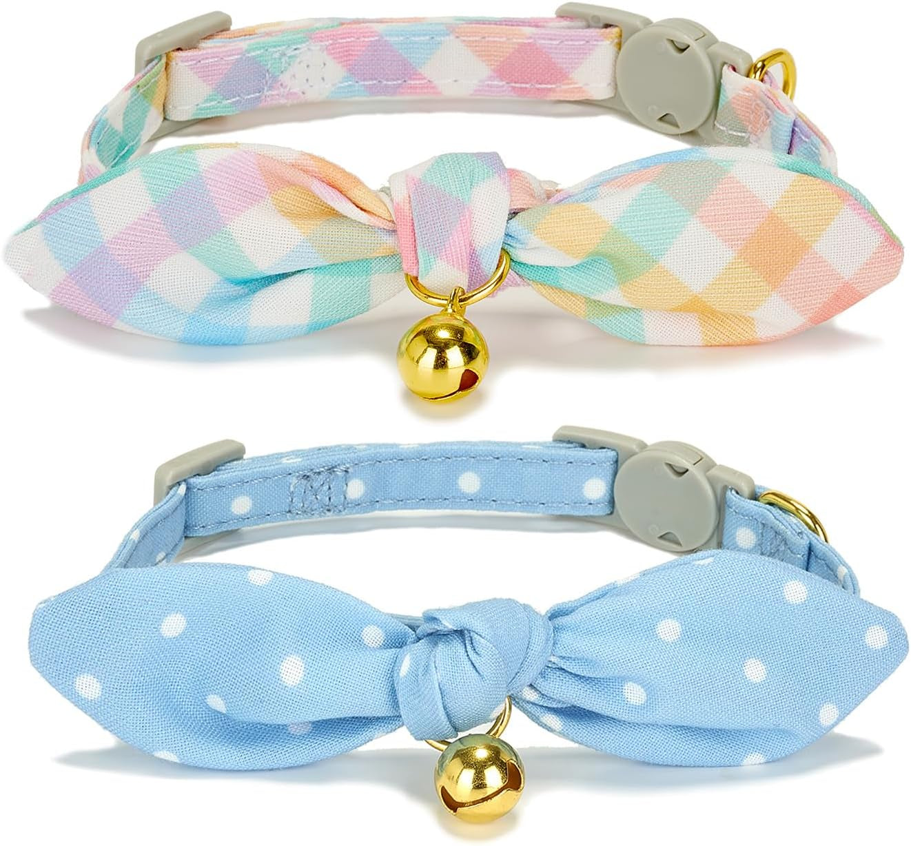 Cotton Bowtie Cat Collar with Bell 2 Pack Adjustable Breakaway Kitten Collars with Removeable Bow Pink Girl Cat Collars