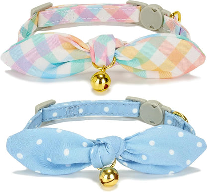 Cotton Bowtie Cat Collar with Bell 2 Pack Adjustable Breakaway Kitten Collars with Removeable Bow Pink Girl Cat Collars