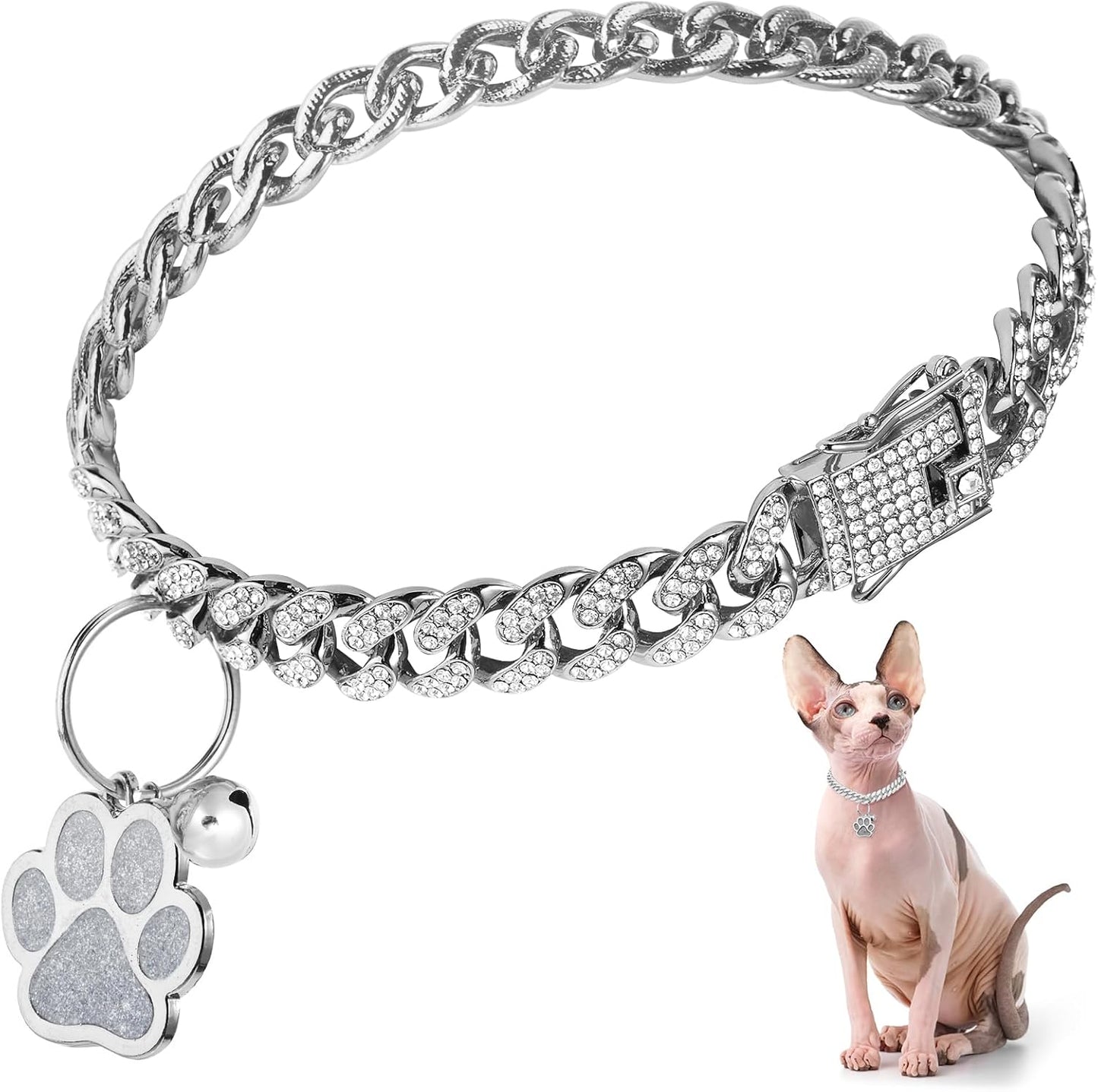 Cat Collar Diamond Chain Glitter Collar Walking Metal with Secure Buckle Cat Pet Necklace with Paw Charm and ID Tag Bell Link Cuban Jewelry Accessories Gift(8 Inch,Rose Gold, Pink)