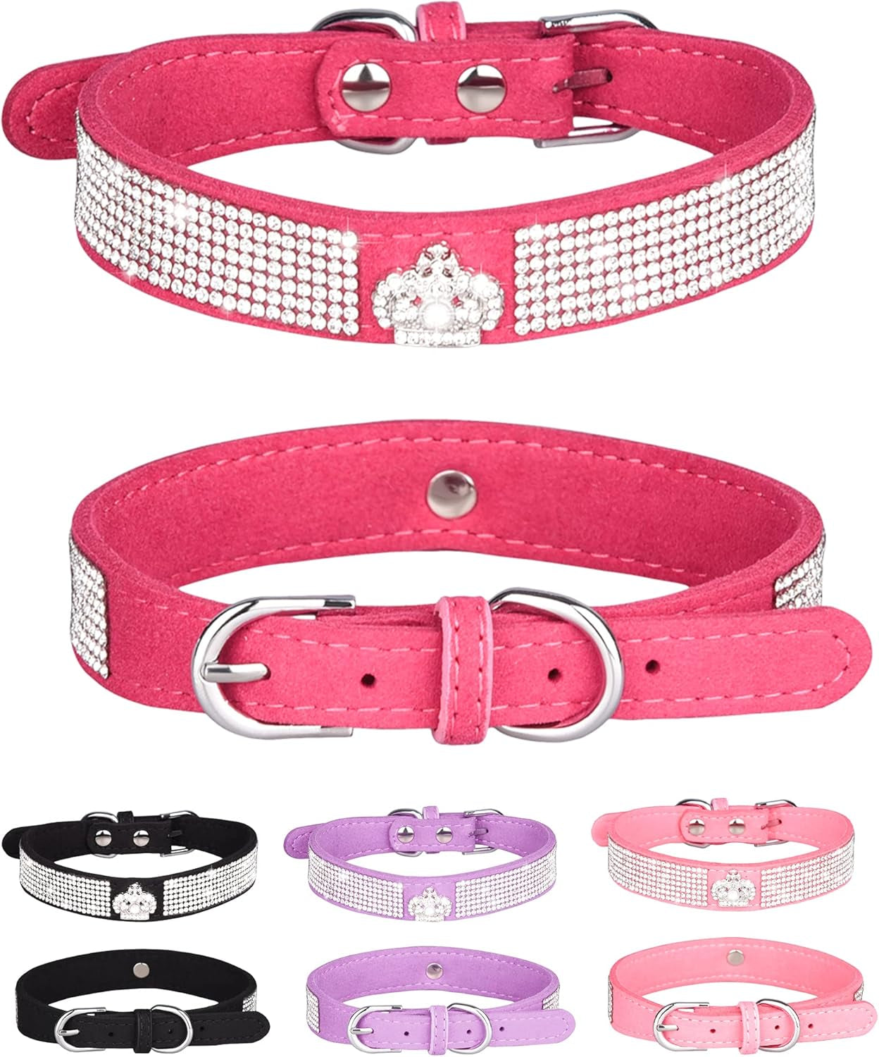 Dog Collar for Small Dogs, Adjustable Leather Suede Bling Dog Collars，Pink Dog Collar Cat Collar, Rhinestone Dog Collar(S, Pink)