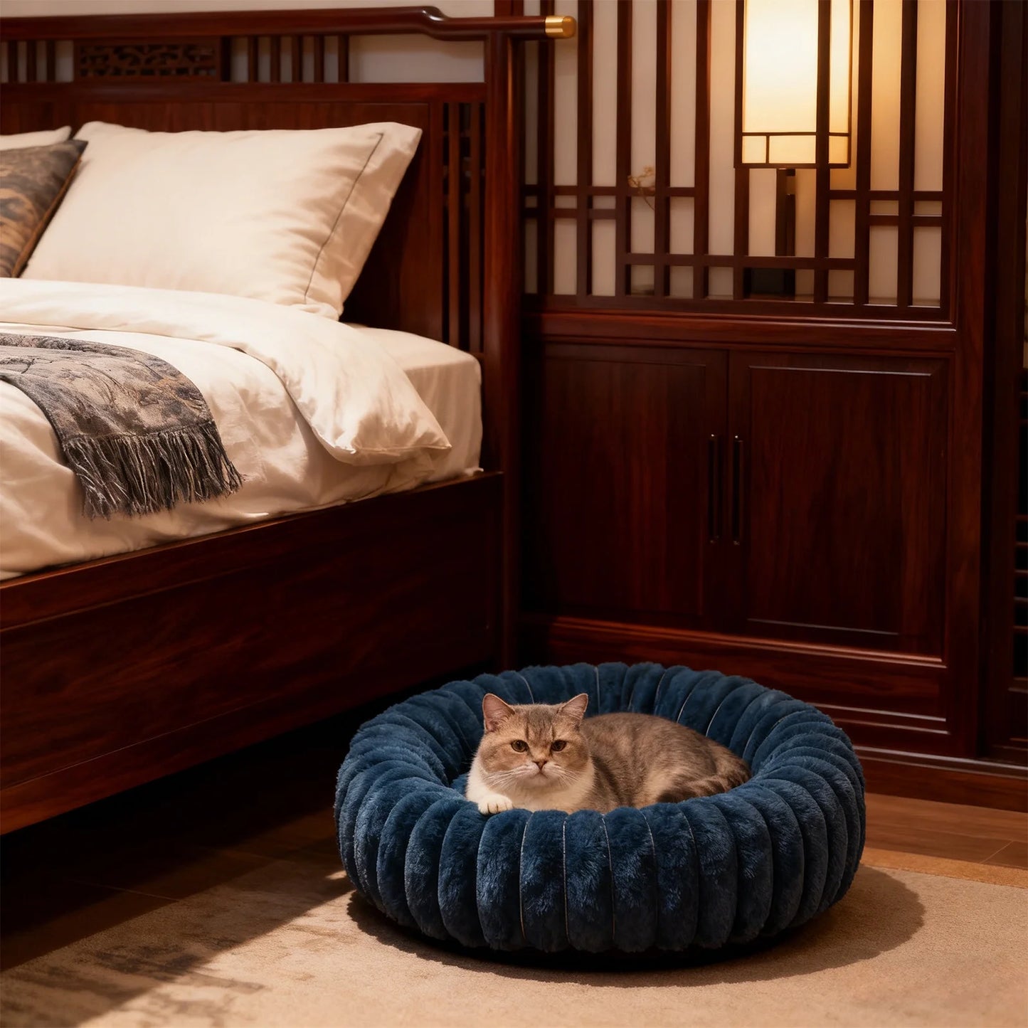 High Pile Plush round Pet Bed Kennel Mat Extra Warm Dog Cat Bed with Raised Edge for Small Medium Pets