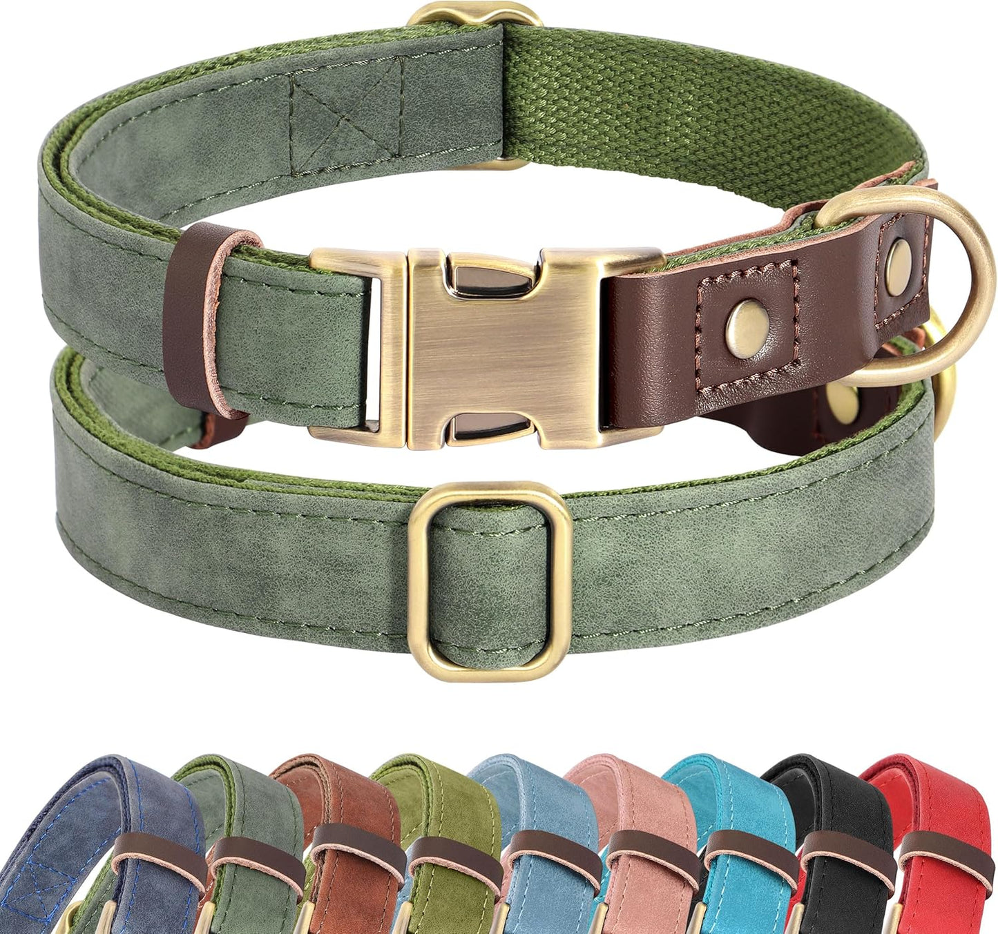 Soft PU Leather Dog Collars for Small Dogs,Classic Adjustable Dog Collars with Quick Release Metal Buckle,Easy Clean and Comfortable with Nylon Lining,Green,S Neck 11-15"