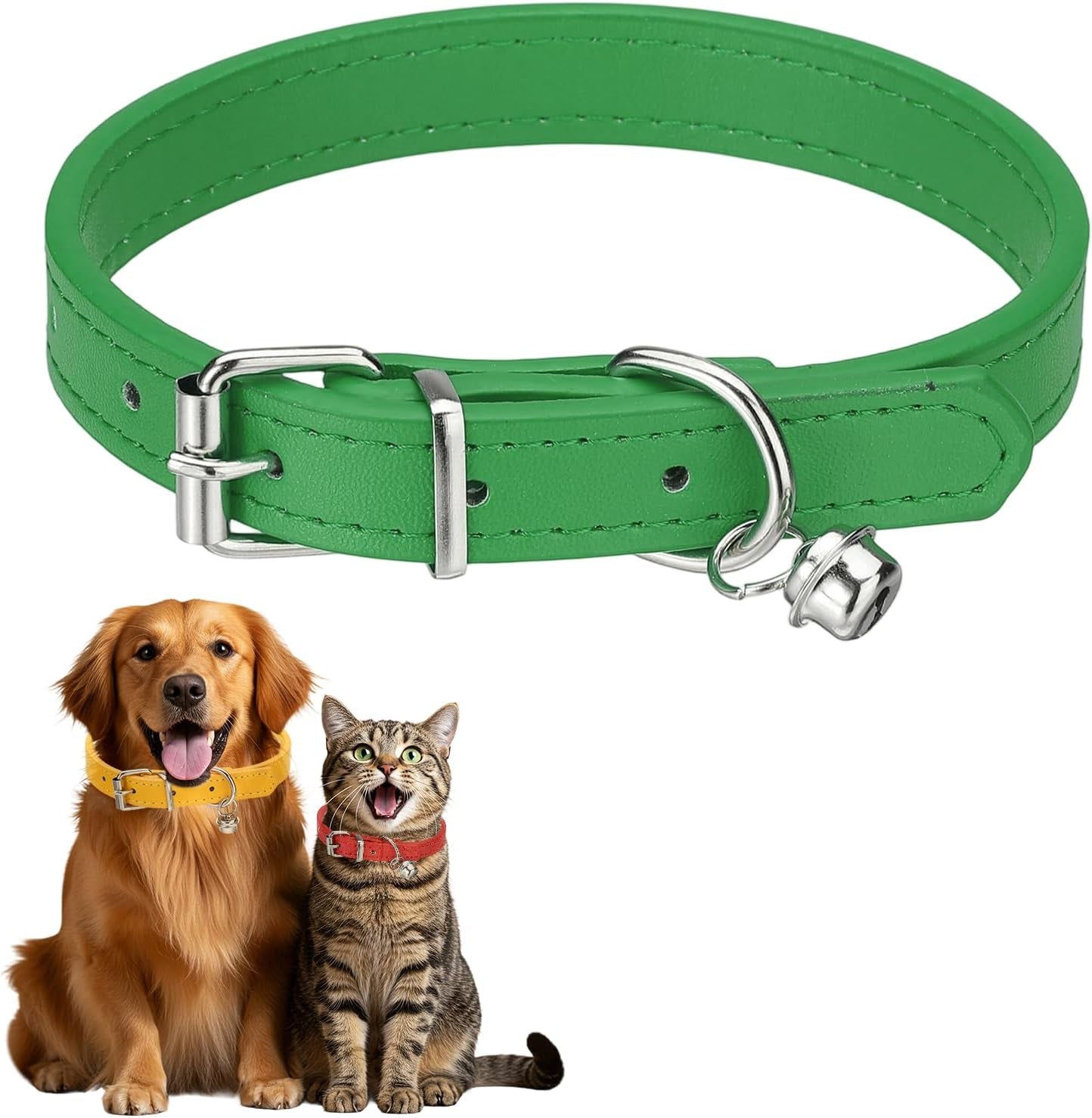 Dog Collar with Bell, Pu Leather Cat Collars Pet Basic Soft Padded Adjustable Buckle, 14.5" (Blue, 1 Pcs), Intended for Teacup/Little Dog/Kitten Cats/Small Animals