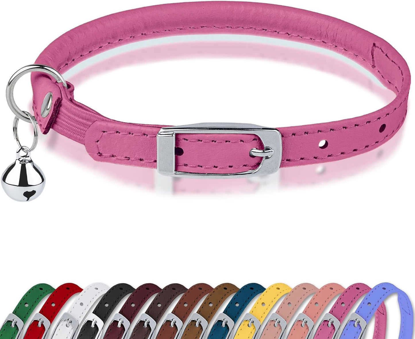 Rolled Leather Cat Collar with Bell, Reflective Kitten Collars with Buckle Include Safety Elastic Strap - Adjustable Small Pet Collars for Boy Girl Cats (White)