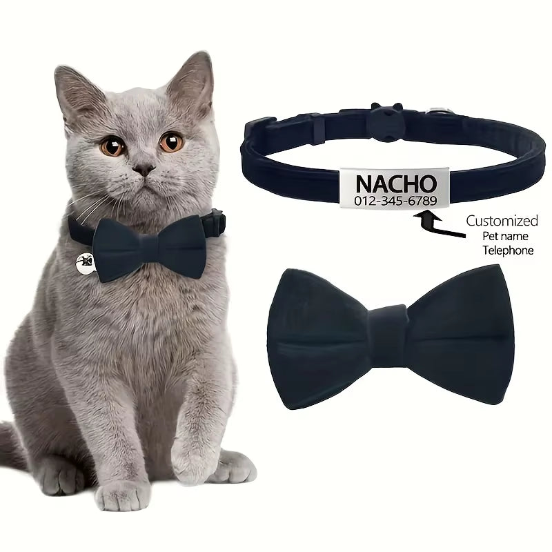 Customizable Polyester Cat Bow Tie Collar Soft Adjustable Engraved ID Name Tag Detachable Bow Bell