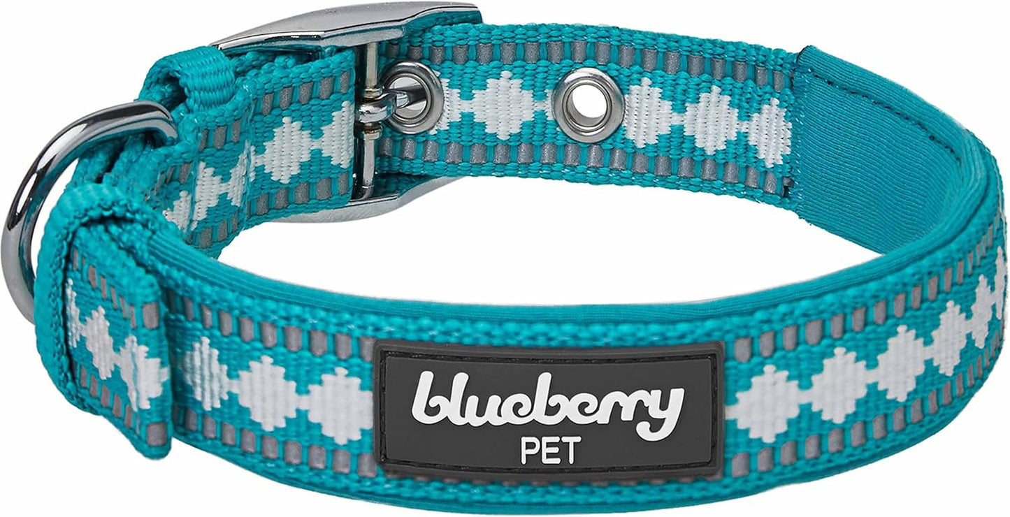 Reflective Jacquard Dog Collar with Neoprene Padding & Metal Buckle | Soft & Adjustable Safety Collar - Olive, Neck 13-16.5", for Medium Breed
