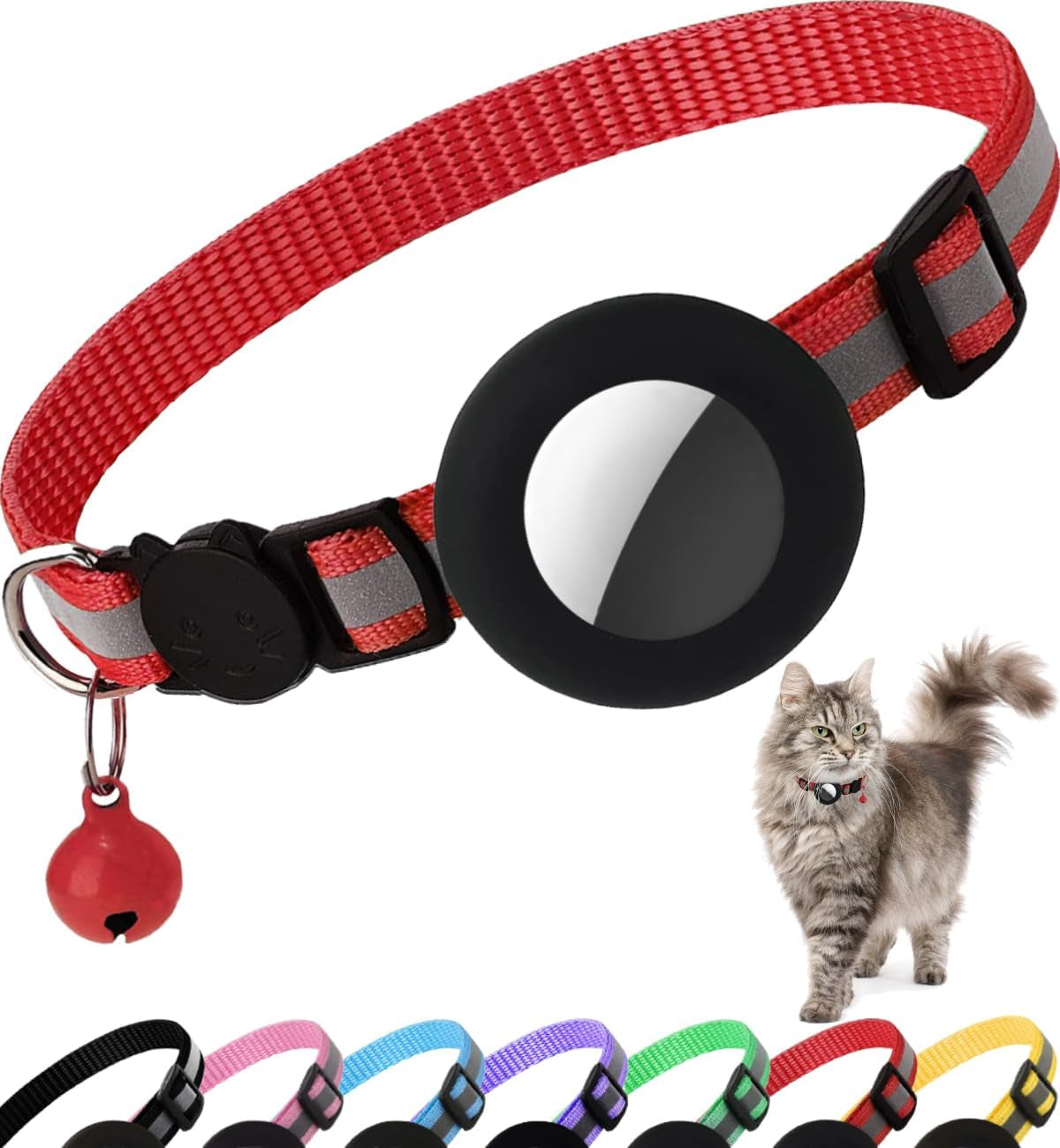 Airtag Cat Collar Breakaway, Reflective Kitten Collar with Apple Air Tag Holder and Bell for Girl Boy Cats, 0.4 Inches in Width and Lightweight(Black)
