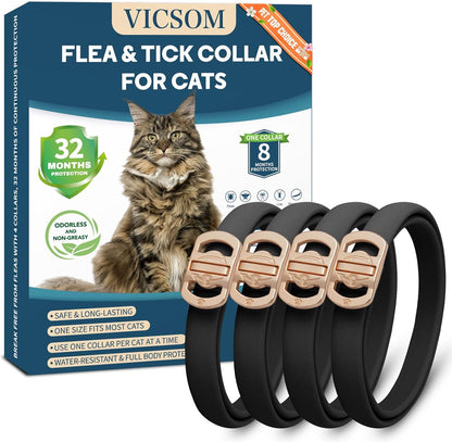 Flea and Tick Collar for Cats - 4 Pack, 32 Month Protection Treatment, Waterproof, Natural Prevention, Adjustable for Cats & Kittens (Black Grey)