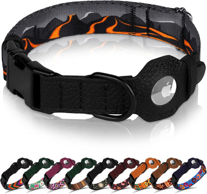Airtag Dog Collar with Metal Buckle - Printed Nylon Soft Leather Dog Collar with Apple Airtag Holder - Secure Tracking GPS Pet Collars for Girl Boy Small Large Dogs (L, 17"-21" Neck Fit, Striped)