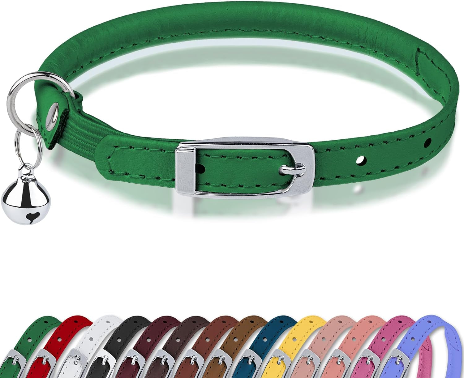 Rolled Leather Cat Collar with Bell, Reflective Kitten Collars with Buckle Include Safety Elastic Strap - Adjustable Small Pet Collars for Boy Girl Cats (White)