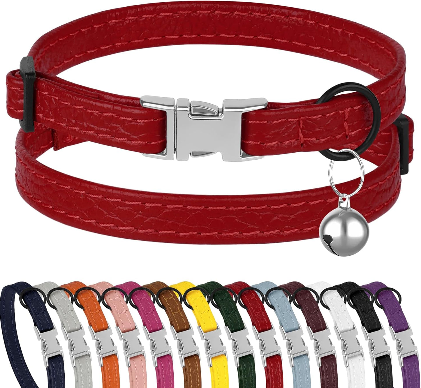 Leather Cat Collar with Buckle and Removable Bell - Non Breakaway Adjustable Soft Safety Small Pet Collars for Girl Boy Cats Kitten (Black)