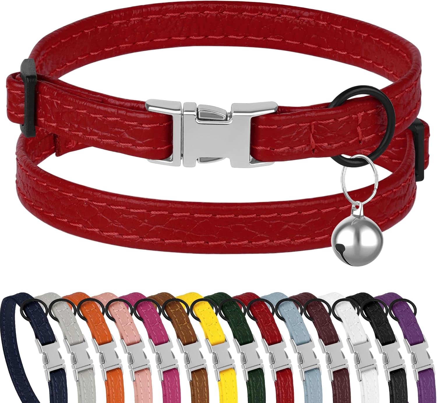 Leather Cat Collar with Buckle and Removable Bell - Non Breakaway Adjustable Soft Safety Small Pet Collars for Girl Boy Cats Kitten (Black)