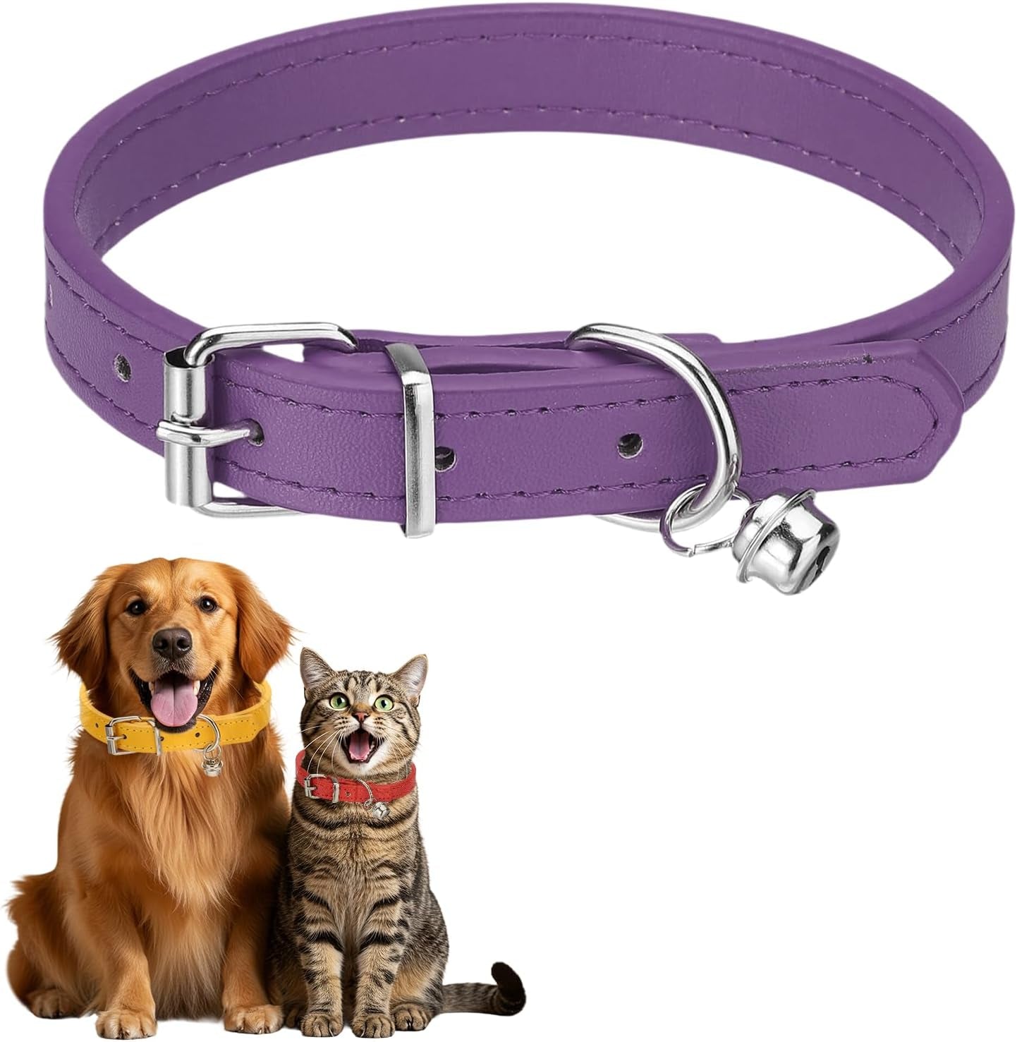 Dog Collar with Bell, Pu Leather Cat Collars Pet Basic Soft Padded Adjustable Buckle, 14.5" (Blue, 1 Pcs), Intended for Teacup/Little Dog/Kitten Cats/Small Animals