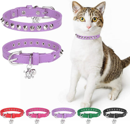 Leather Cat Collars for Boy Girl Cats with Bell and Safety Elastic Belt, Personalized Star and Moon Stud Adjustable Safe Buckle Collar for Kitty Small Big Cats Size 7-9 Inch, Black